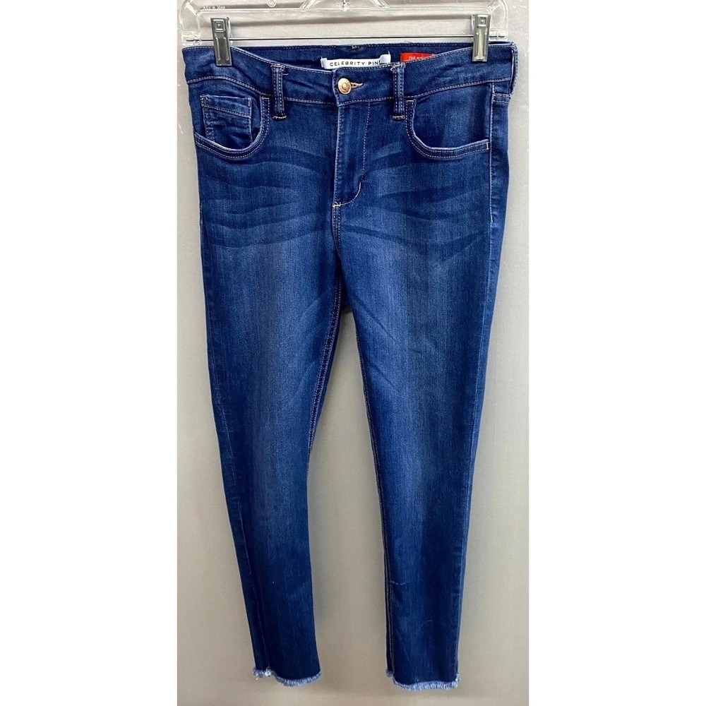 Celebrity Pink Skinny Jeans Womens Blue Denim 5 Pockets Med 14w Wash Frayed Hem